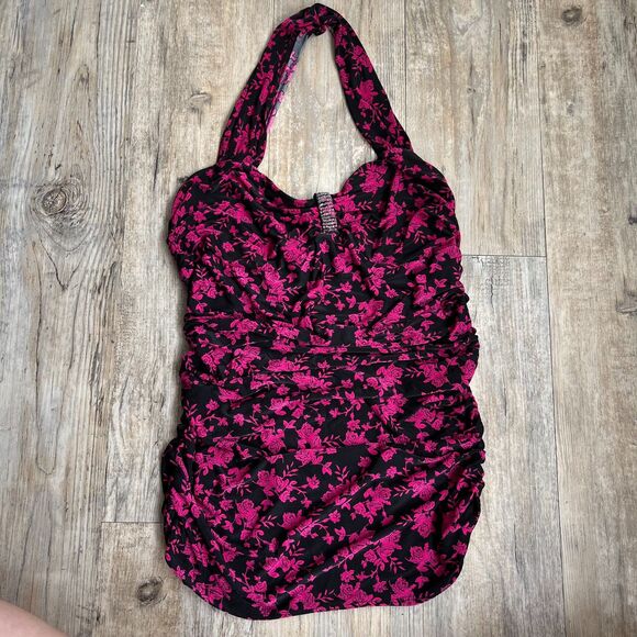 Express Halter Top Y2K Women's M Pink Black Vintage Floral Glam - Picture 1 of 11